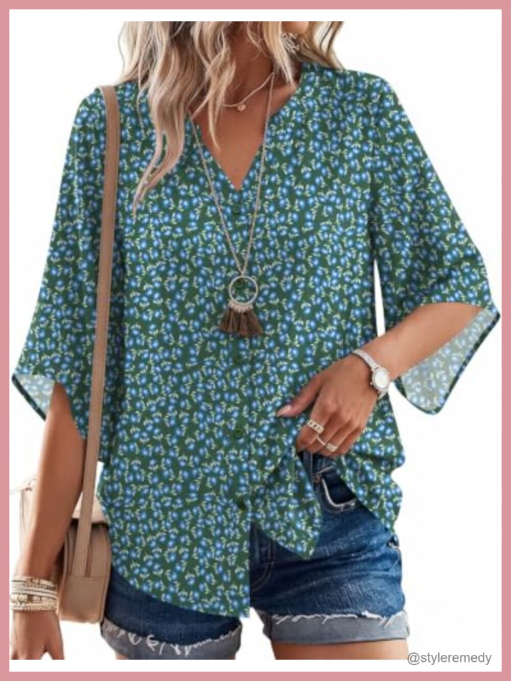 Womens Boho Button Down Blouse 3/4 Bell Sleeve Loose Fit V-Neck Floral